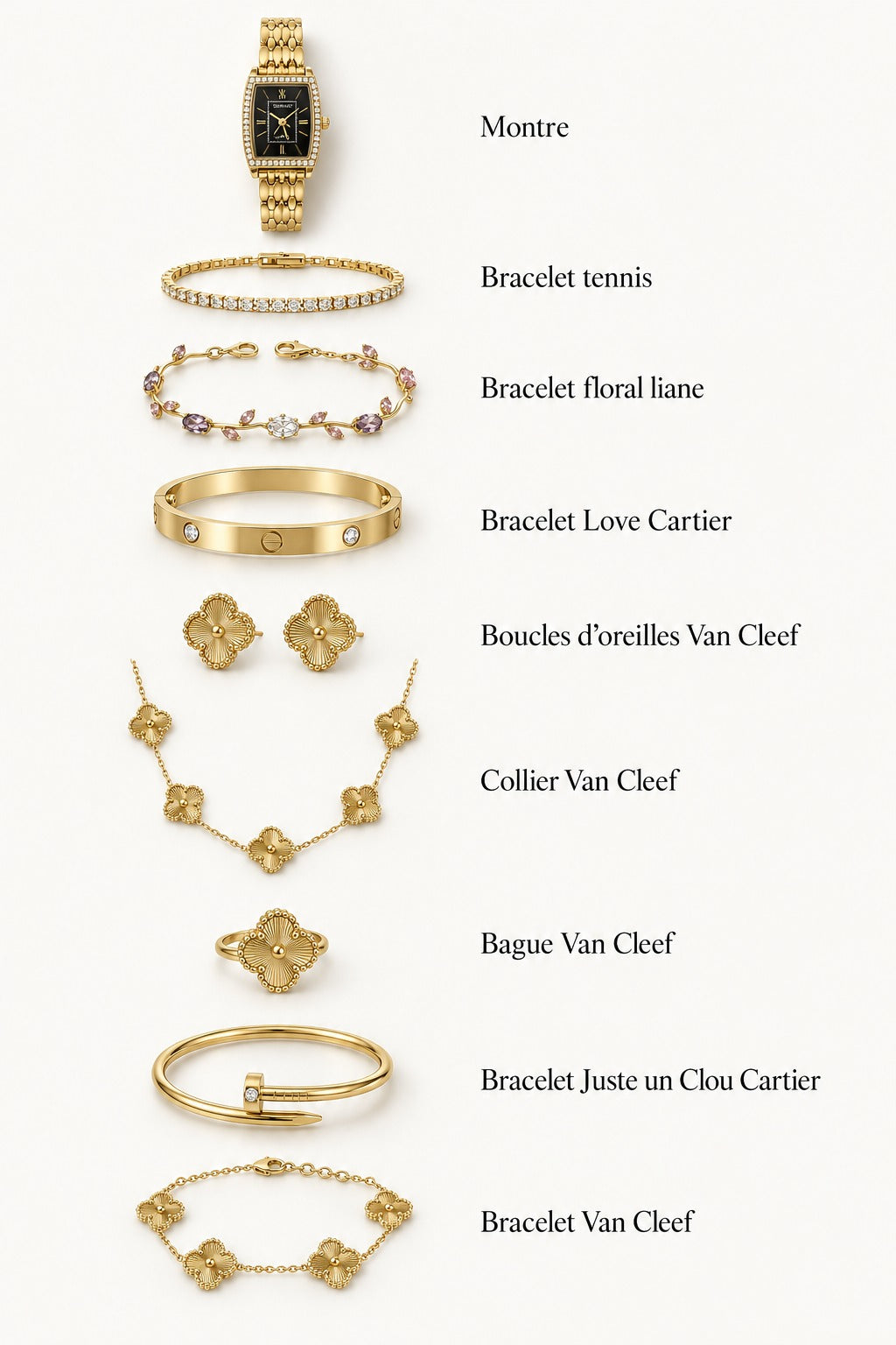 Coffret Trèfle Royal – Montre & Bijoux Dorés, 9 Pièces👑🍀
